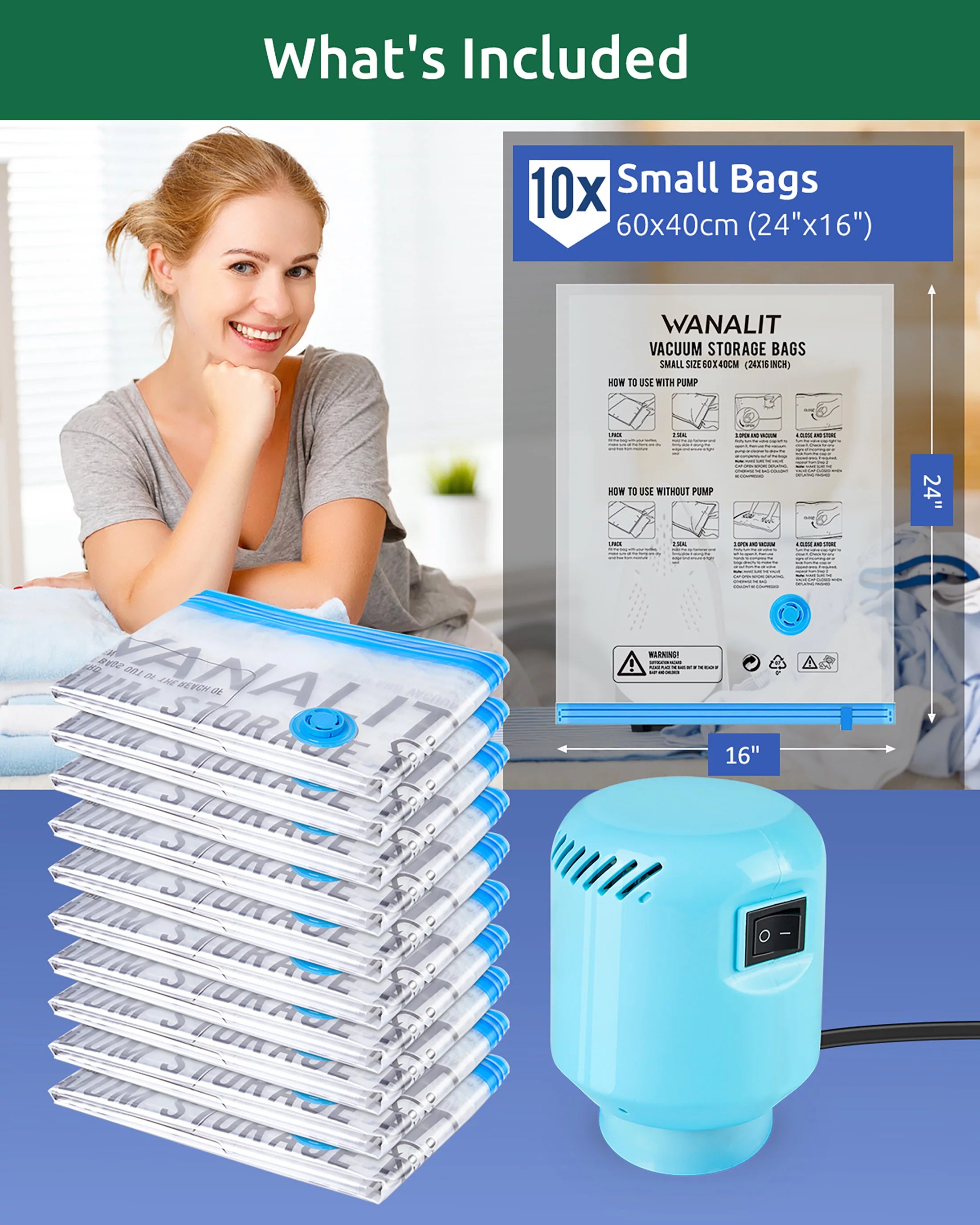 10 Pack Vacuum Storage Bags Small with Electric Air Pump H49242