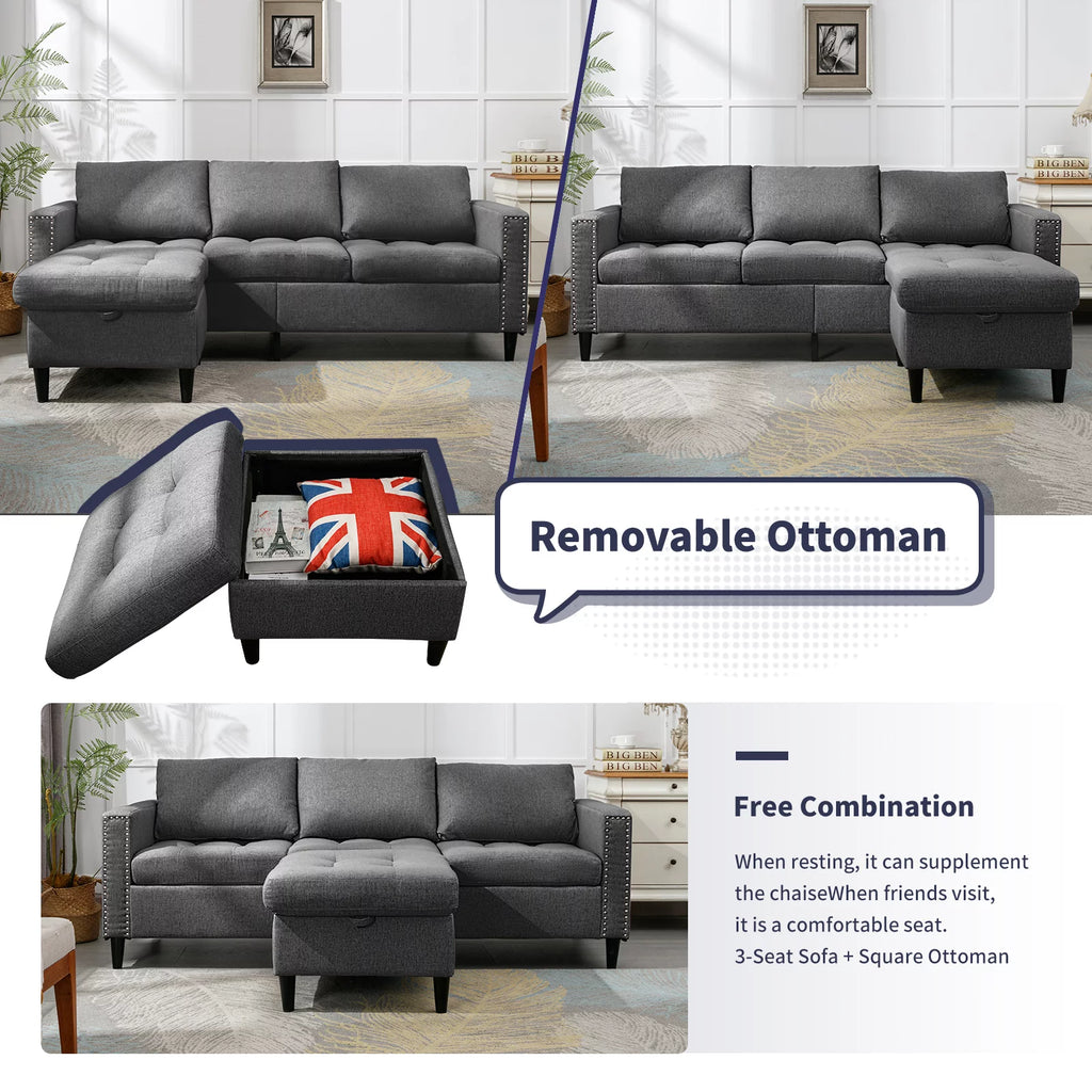Reversible Sectional Couch, 3 Seat L Shaped Modular Sleeper Sofa Bed with Storage Ottoman, Dark Grey A4441