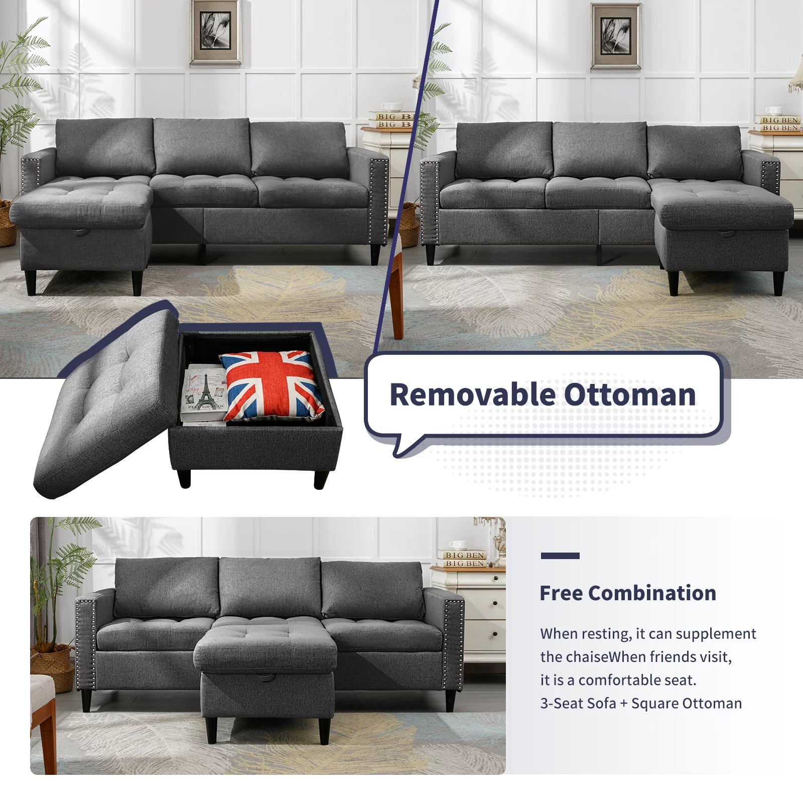 Reversible Sectional Couch, 3 Seat L Shaped Modular Sleeper Sofa Bed with Storage Ottoman, Dark Grey A4441