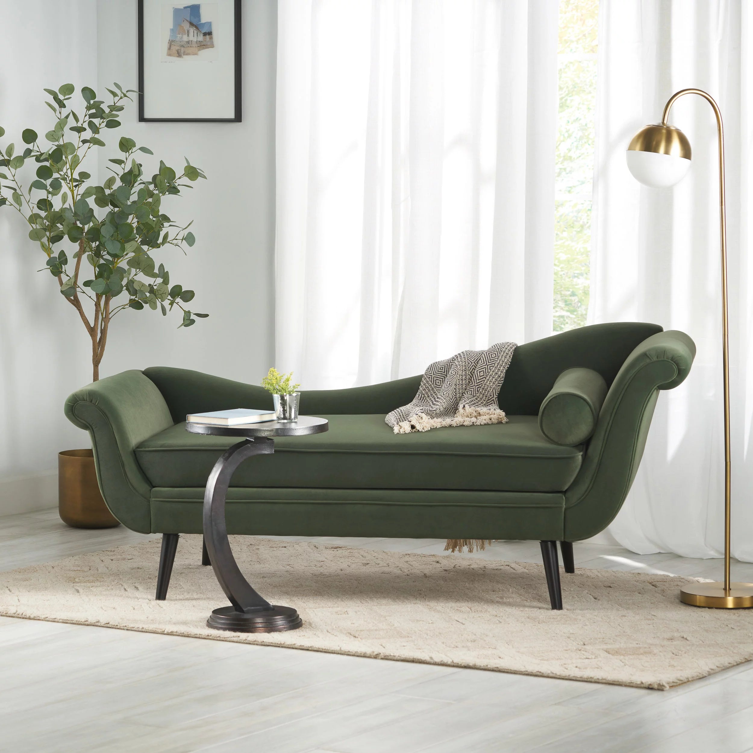Indoor Fabric Chaise Lounge with Bolster Pillow, Sage Green V580