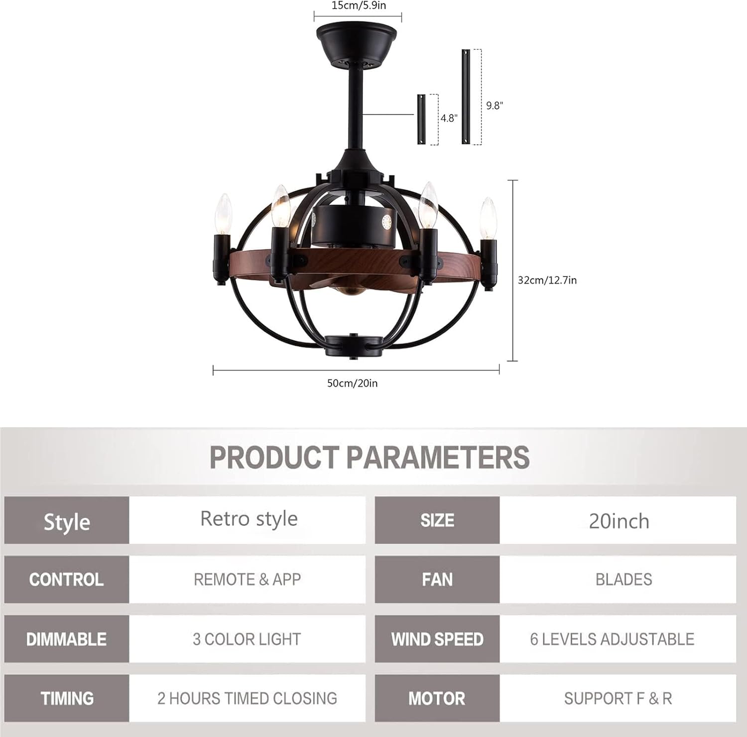 Enclosed Ceiling Fan with Light and Remote Control, Rustic Black Cage Design, 22 Inches P618080