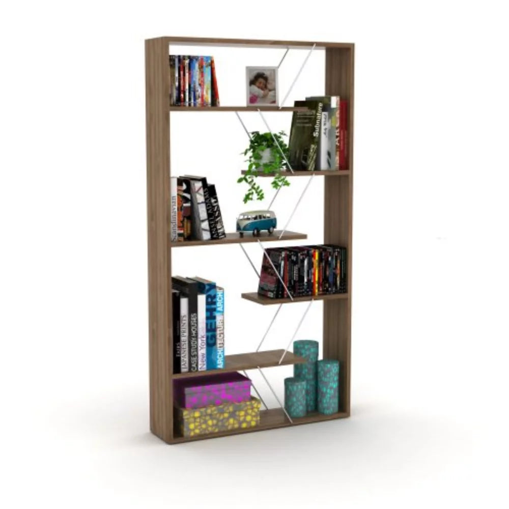 Wood Frame Etagere 6-Shelf Bookcase for Living Room, Walnut/Chrome H187991