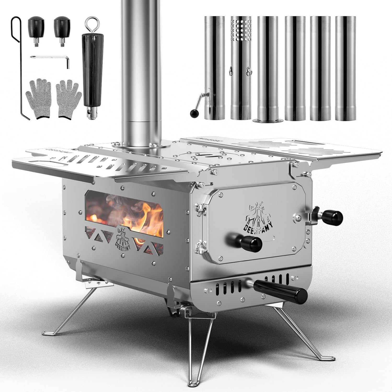 Portable Stainless Steel Tent Stove with 6 Chimney Pipes for Camping F848212