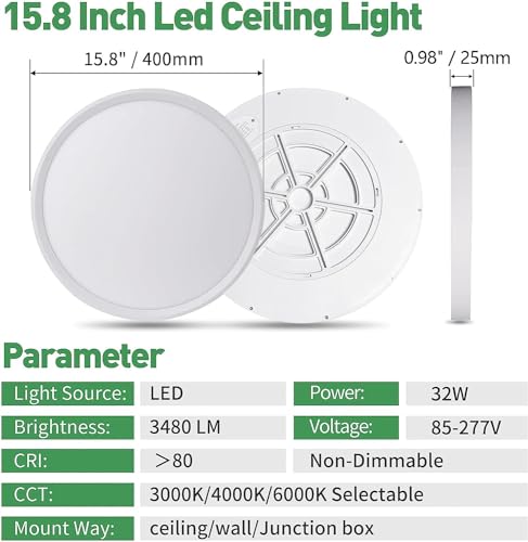 4PK 15.8 Inch LED Flush Mount Ceiling Light, 32W, 3480LM, Selectable CCT, Round Flat Panel J92415