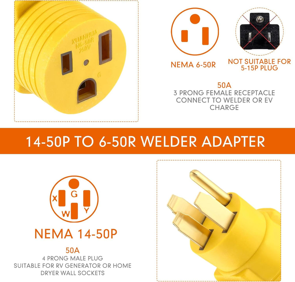 Welder Adapter, NEMA 14-50P Male to 6-50R Female, 50 Amp 4 to 3 Prong R730
