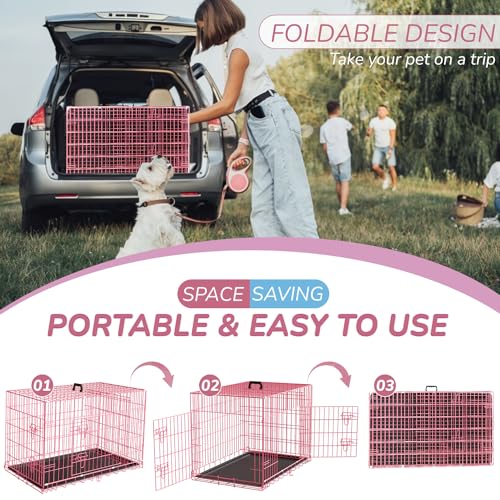 Large Dog Crate 42 Inch Double Door Folding Metal Wire Kennel with Divider Panel Z220483