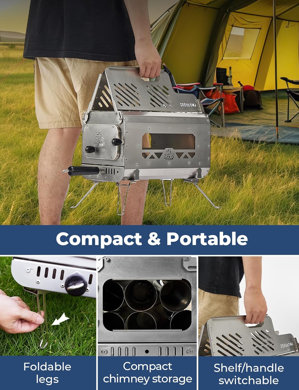 Portable Stainless Steel Tent Stove with 6 Chimney Pipes for Camping F848212