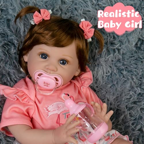 Reborn Baby Doll, Realistic Newborn Girl, 22 Inch Weighted Doll with Feeding Toy Accessories O148