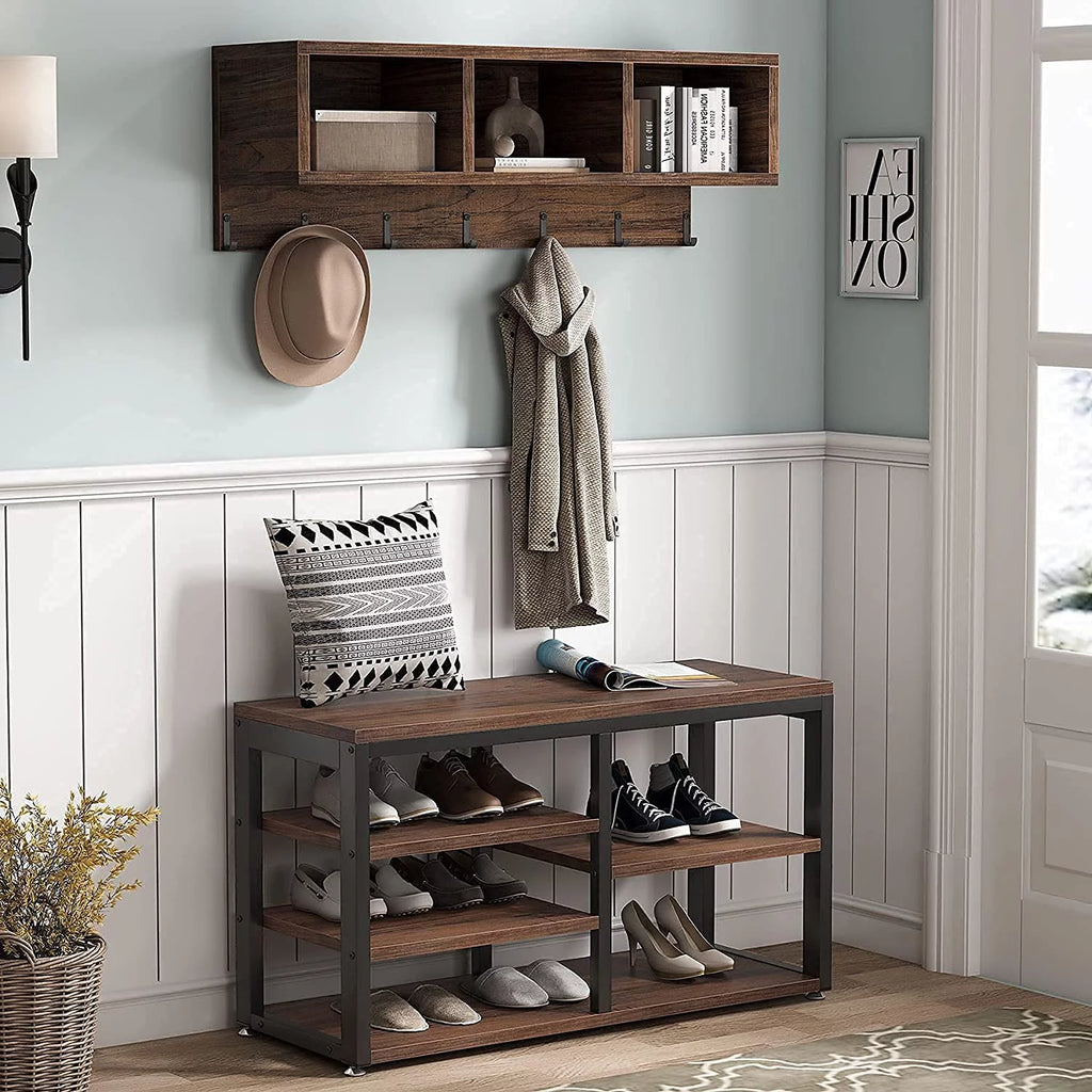Tribesigns Hall Tree with  Bench, 3 Storage Cubbies, 7 Hooks for Entryway, Hallway