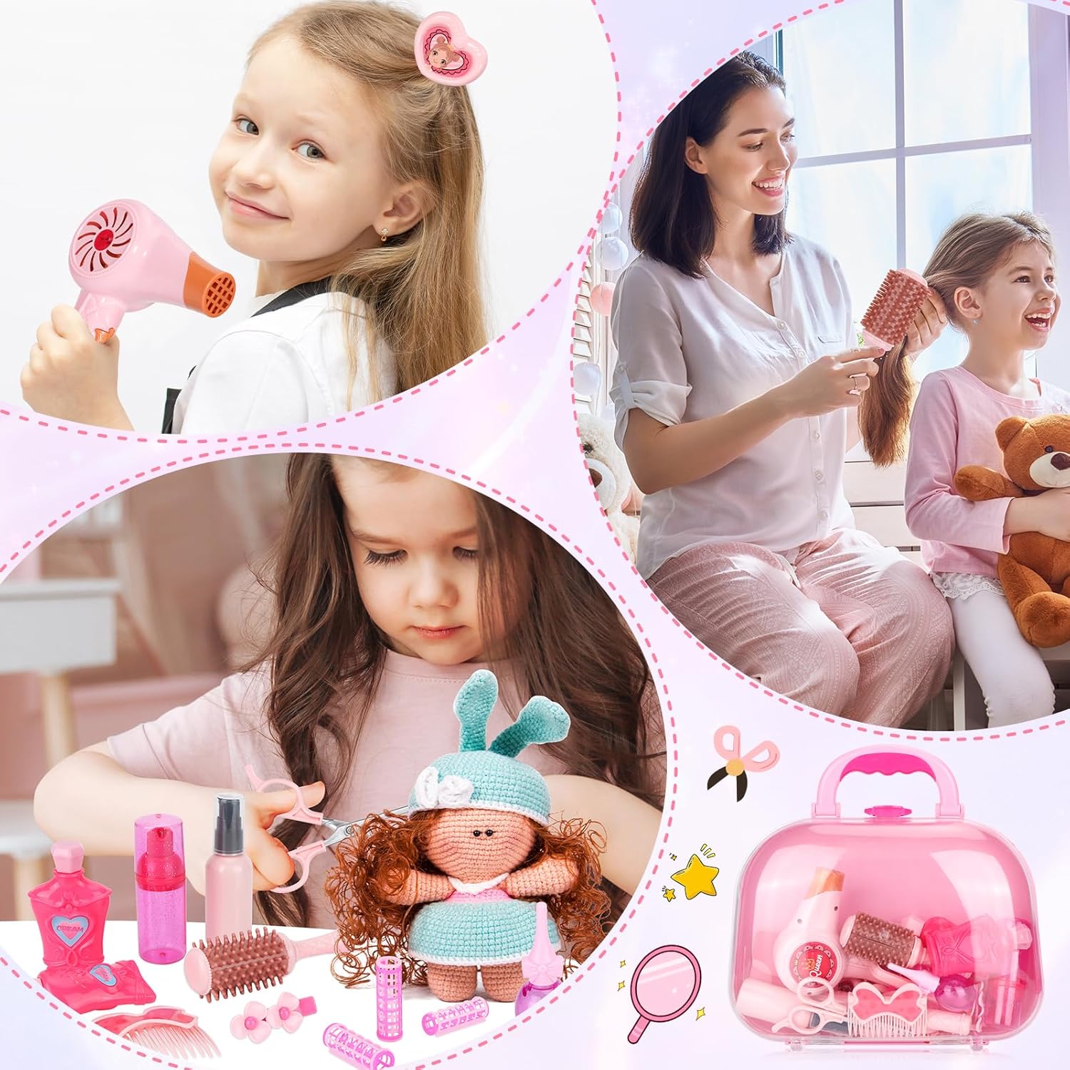 Doll Hair Stylist Toy Kit, 27 PCS Pretend Play Set with Blow Dryer and Accessories for Girls Ages 3-9 D2508