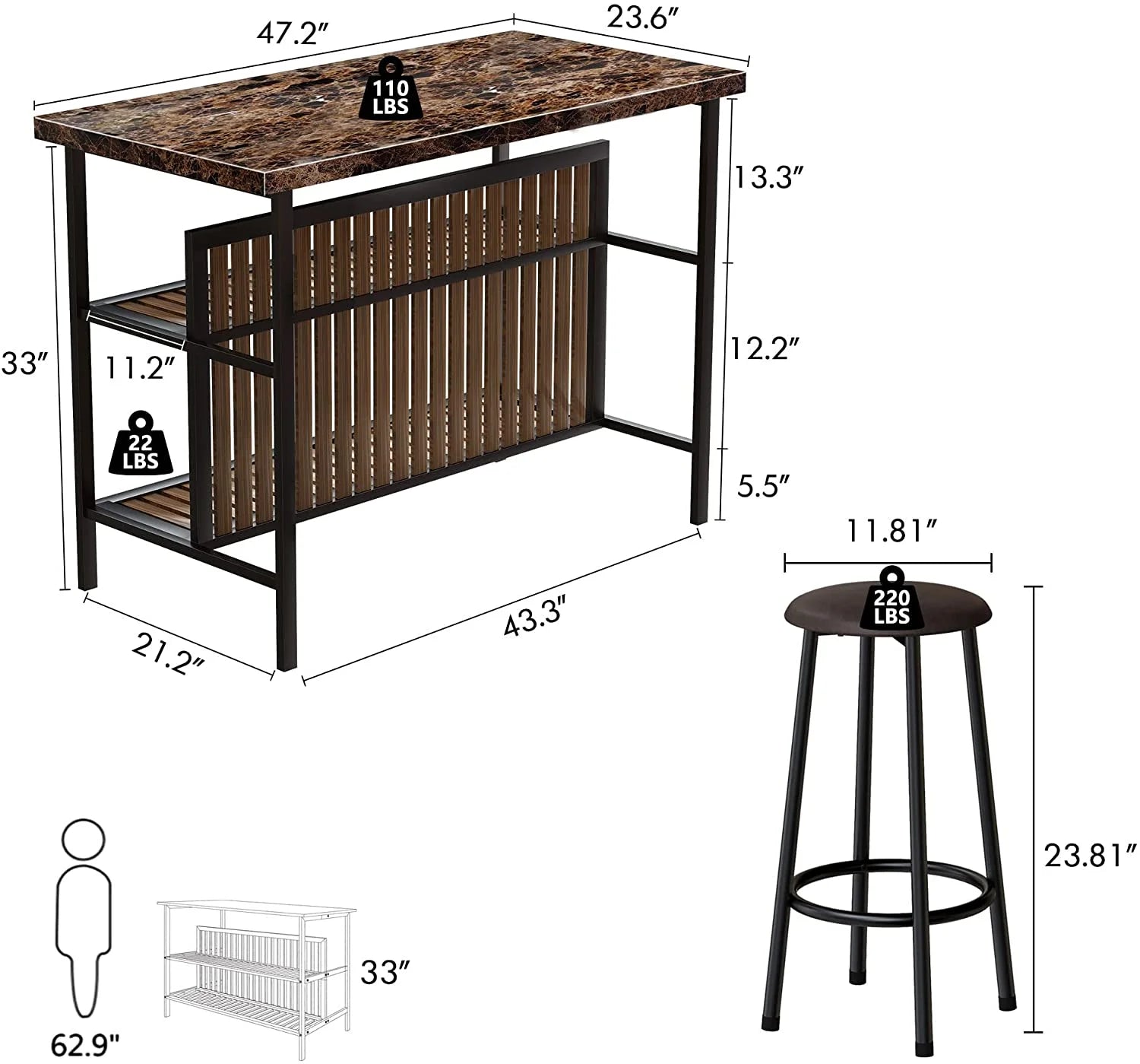 3-Piece Home Bar Dining Table Set, 47 Inch Bar Height Table and Chairs with Artificial Marble Top and Storage Shelf P5587