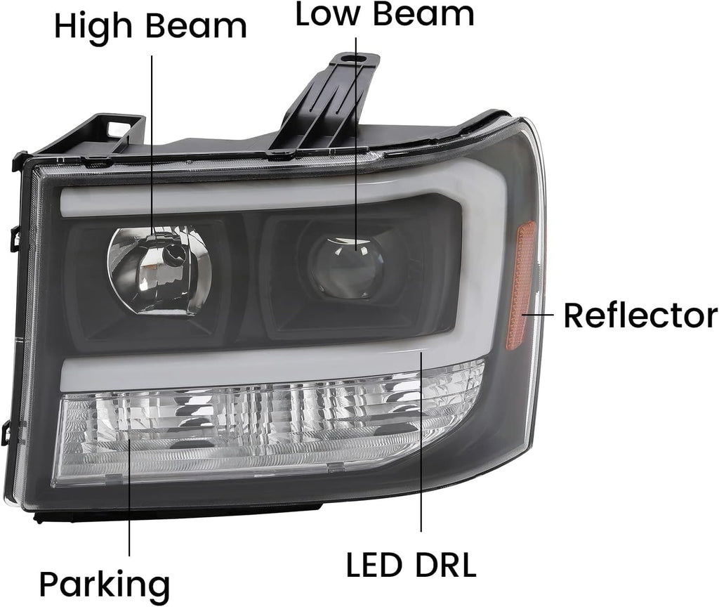 LED Projector Headlights for GMC Sierra 1500 2500HD 3500HD 2007-2014, Black Housing Clear Lens S566