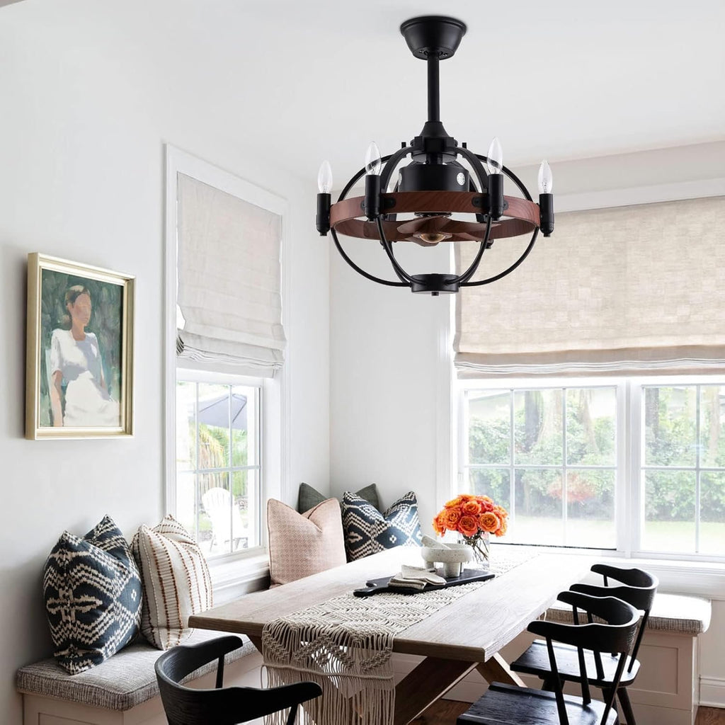 Enclosed Ceiling Fan with Light and Remote Control, Rustic Black Cage Design, 22 Inches P618080