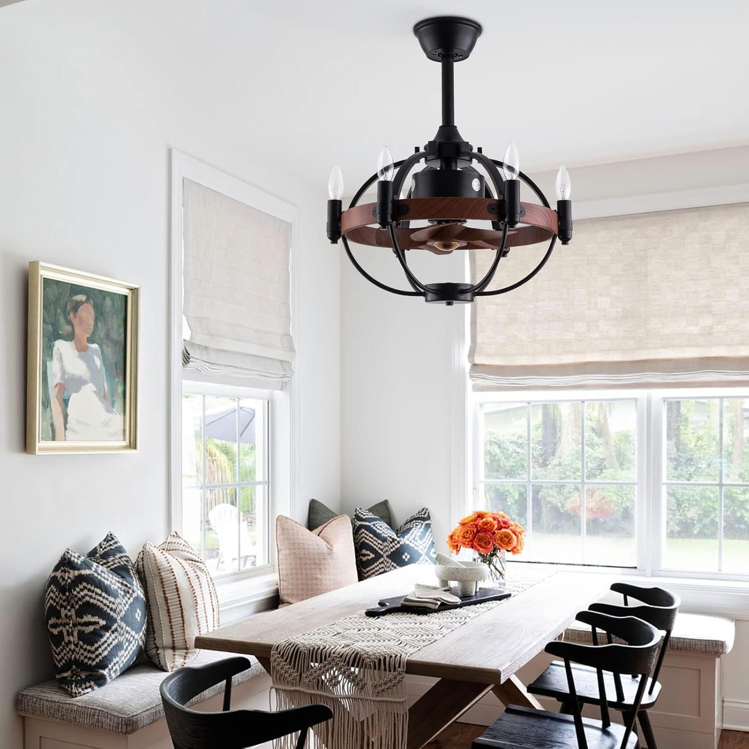 Enclosed Ceiling Fan with Light and Remote Control, Rustic Black Cage Design, 22 Inches P618080