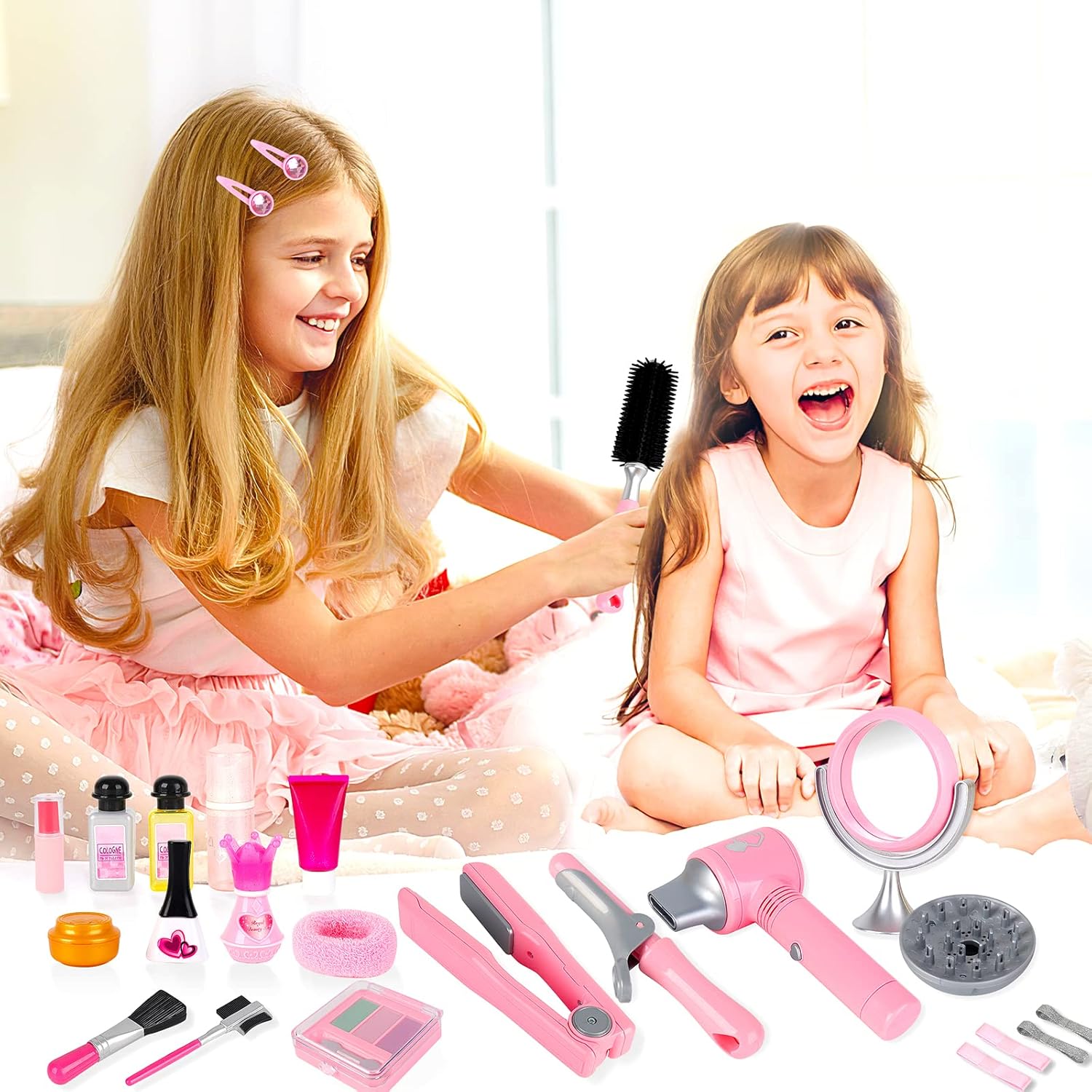 Girls Beauty Salon Set 35pcs Kids Pretend Play Makeup with Hairdryer, Mirror, Curling Iron C601742