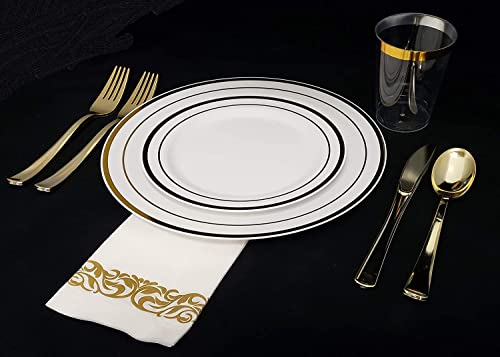 White Plastic Plates Disposable with Gold Trim, 50 Dinner Plates 10.25" + 50 Salad Plates 7.5" K987175