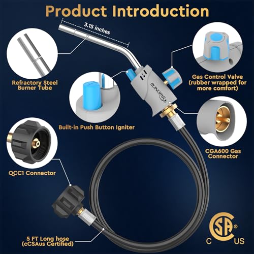 Propane Torch Head with Igniter, Trigger Start, 5FT Hose, Adjustable Flame R171994