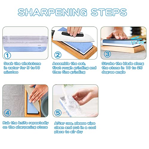 Knife Sharpening Stone Kit - Double Sided 1000/6000 Grit with Bamboo Base and Angle Guide I87418