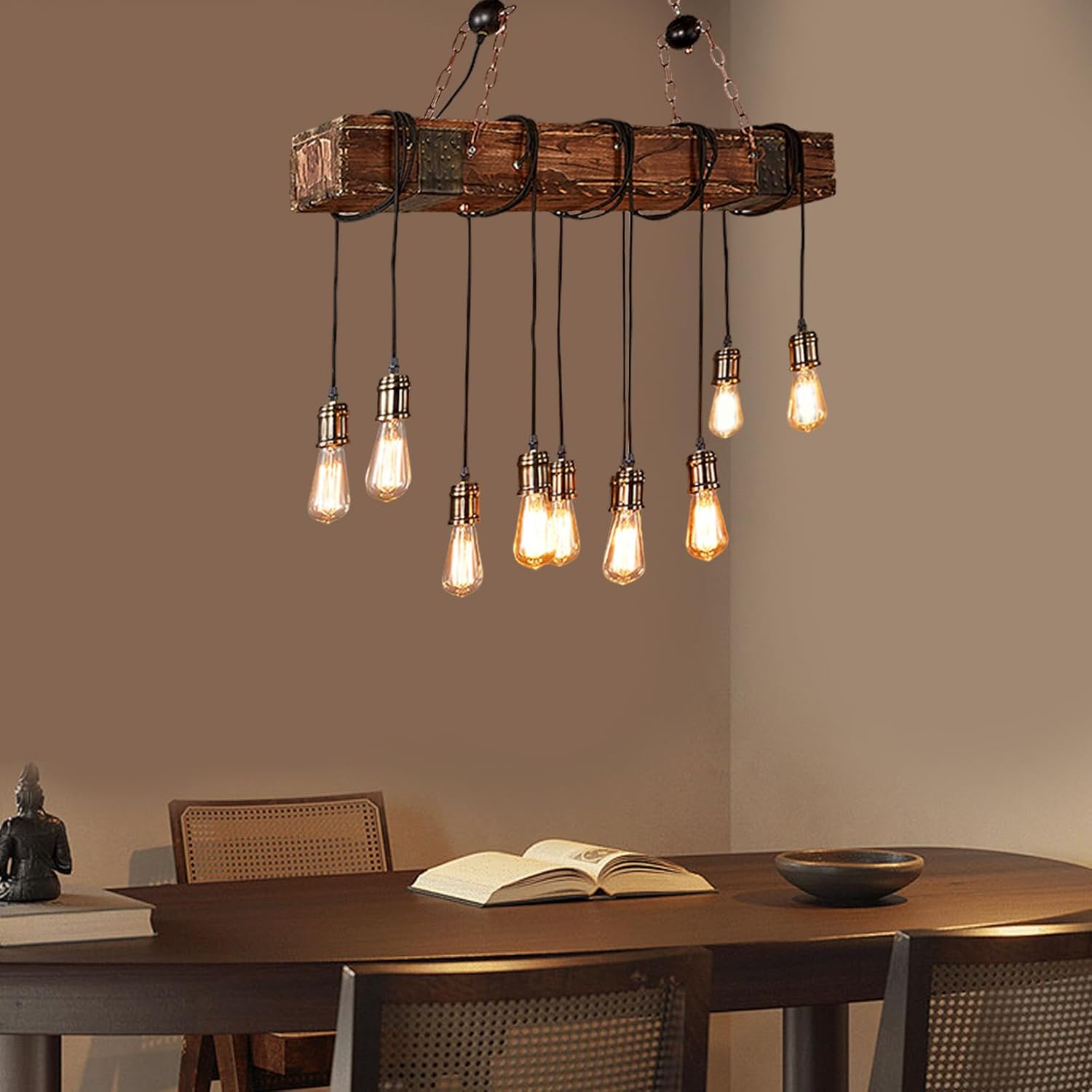 Rustic Industrial 10-Light Linear Chandelier for Kitchen Island Dining Room I830