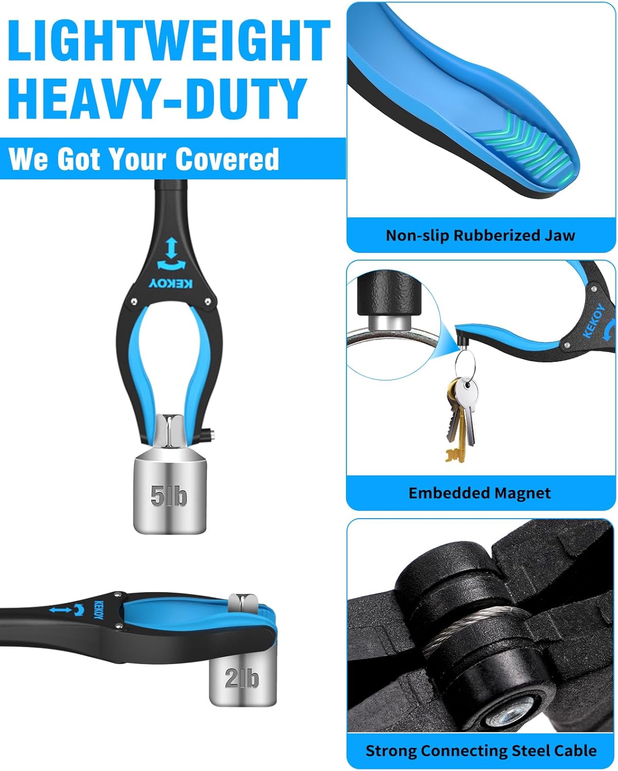 36" & 40" Foldable Reacher Tool for Elderly, Anti-Slip Rotating Jaw with Magnet, Blue W540