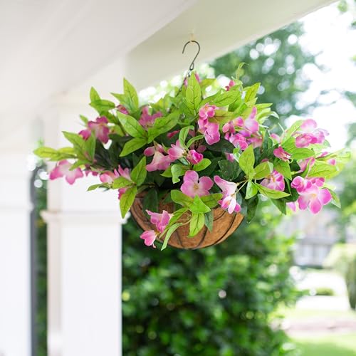 Artificial Faux Hanging Basket with Pink Azalea Flowers for Outdoor Patio Garden Decor E625