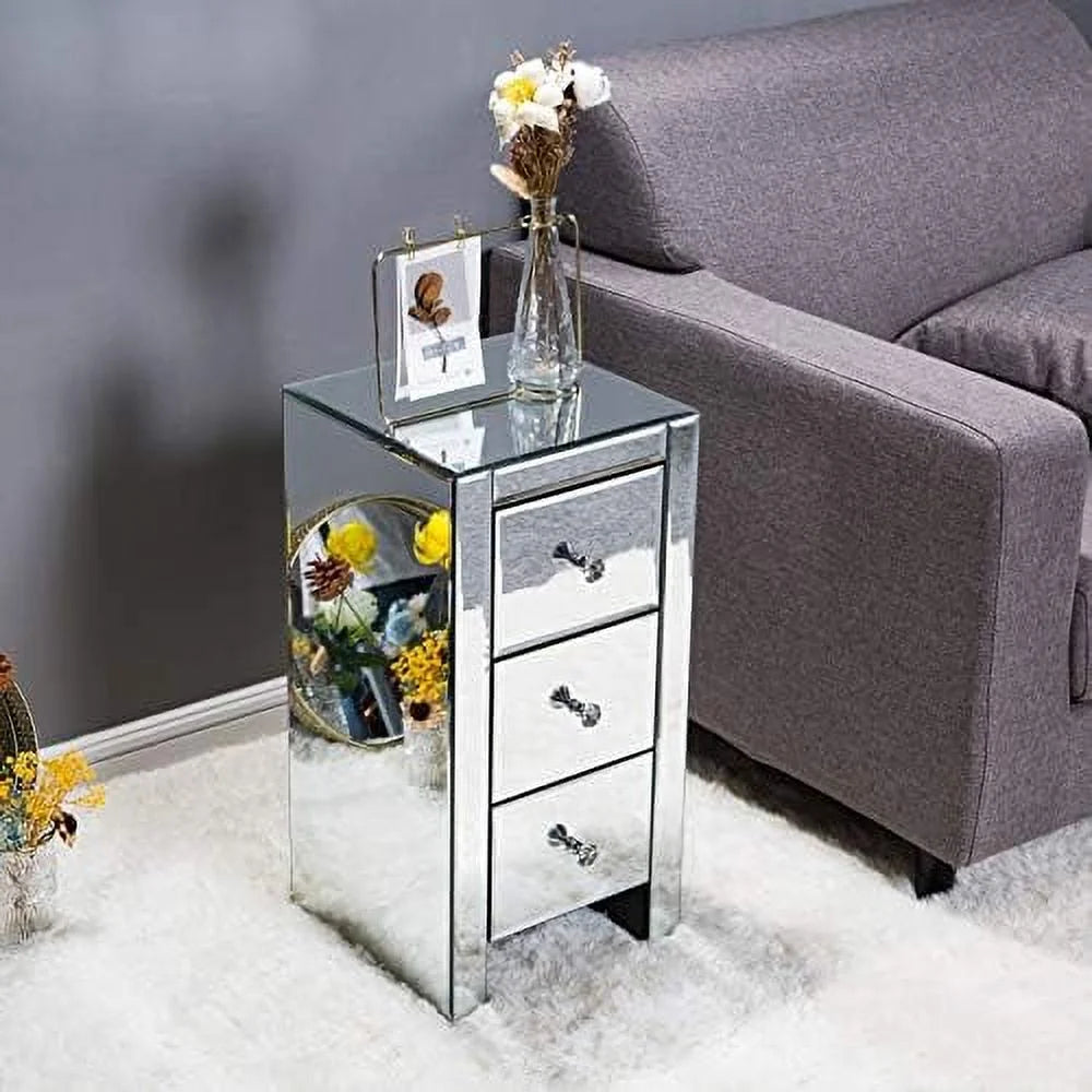Mirrored Nightstand with 3 Drawers and Crystal-Style Knobs E928798