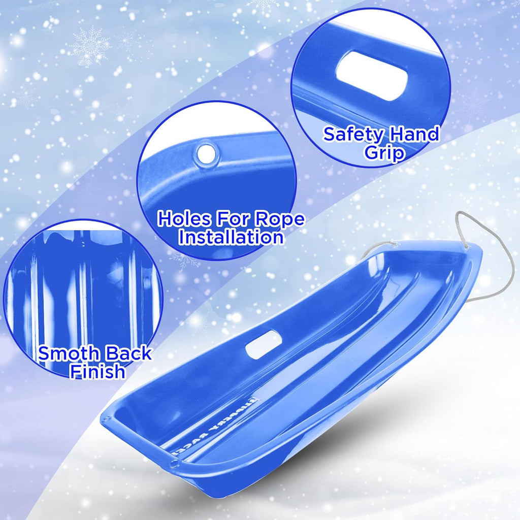 Plastic Toboggan Snow Sled with Handles and Pull Rope, Blue (3 Pack) P206