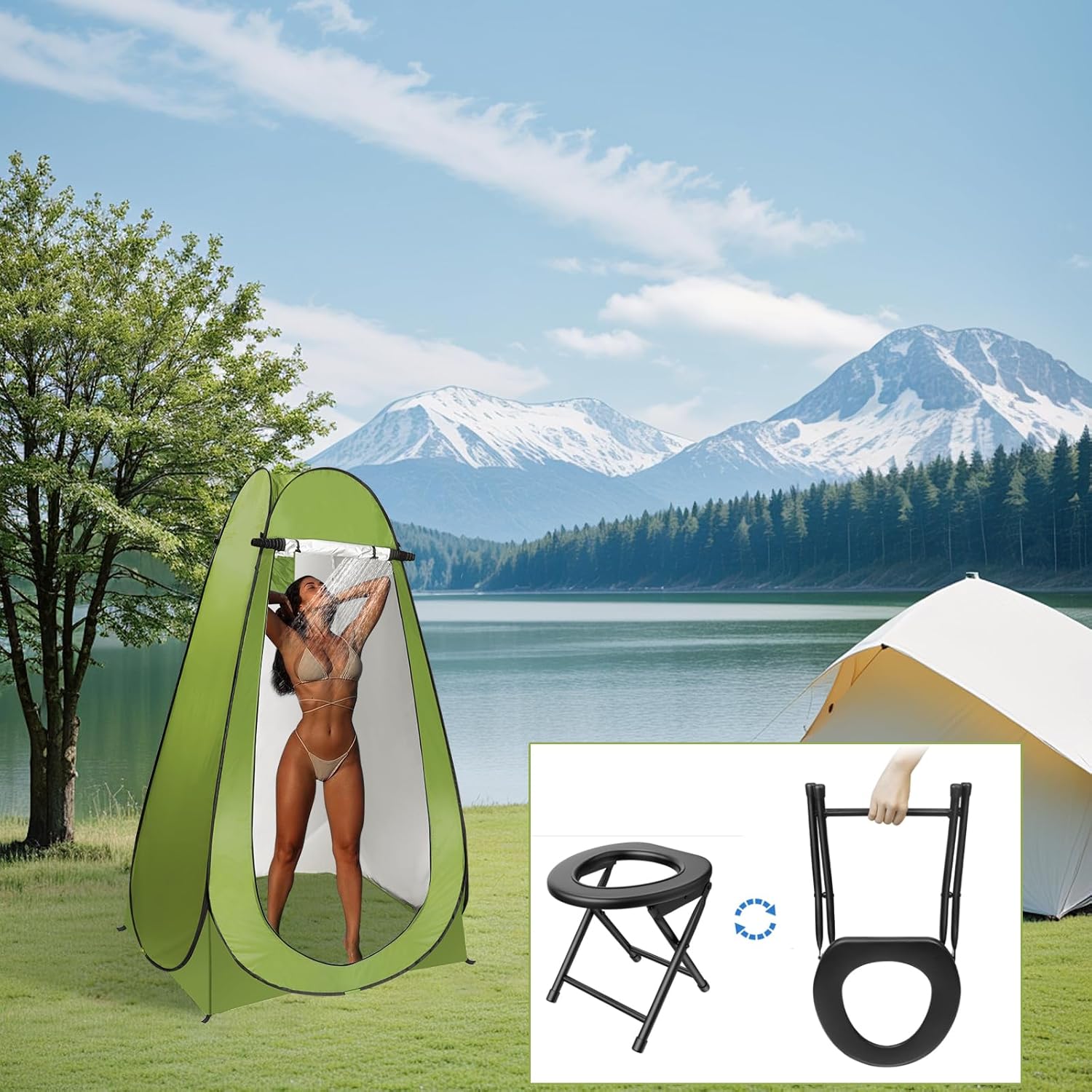 Portable Camping Toilet with Pop Up Privacy Tent, 300LBS Washable U4739