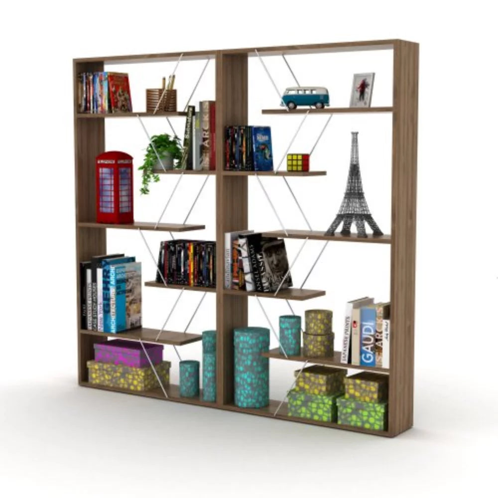 Wood Frame Etagere 6-Shelf Bookcase for Living Room, Walnut/Chrome H187991