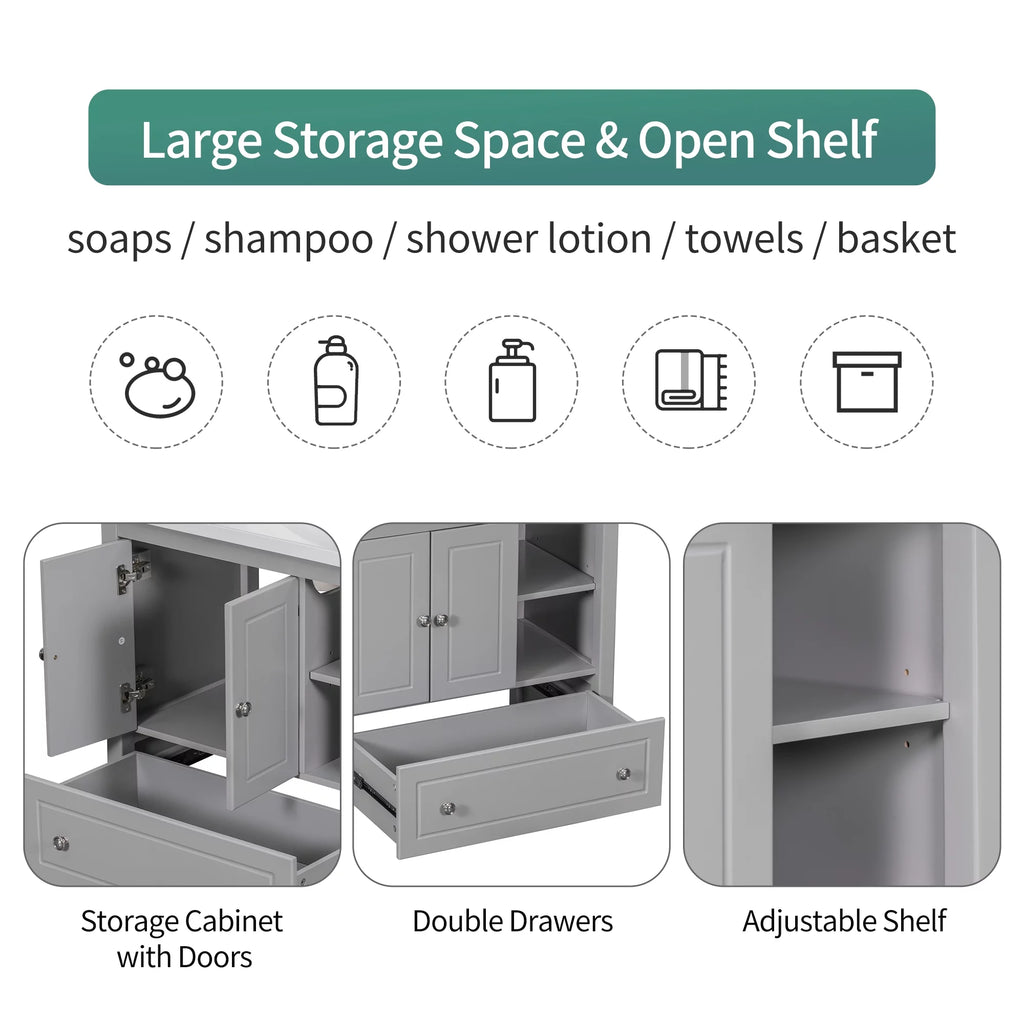 Bathroom Vanity Base with Doors and Drawers, Solid Wood Frame, Grey C98870