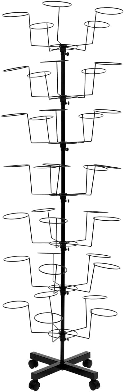 7 Tier Rotating Hat Display Stand with 4 Wheels, Adjustable Hat Stand Cap Organizer Hat Display, Metal Hat Stand for Baseball Caps, 35 Metal Hooks for Wig, Cap, Baseball Hat, White/Black (Black)