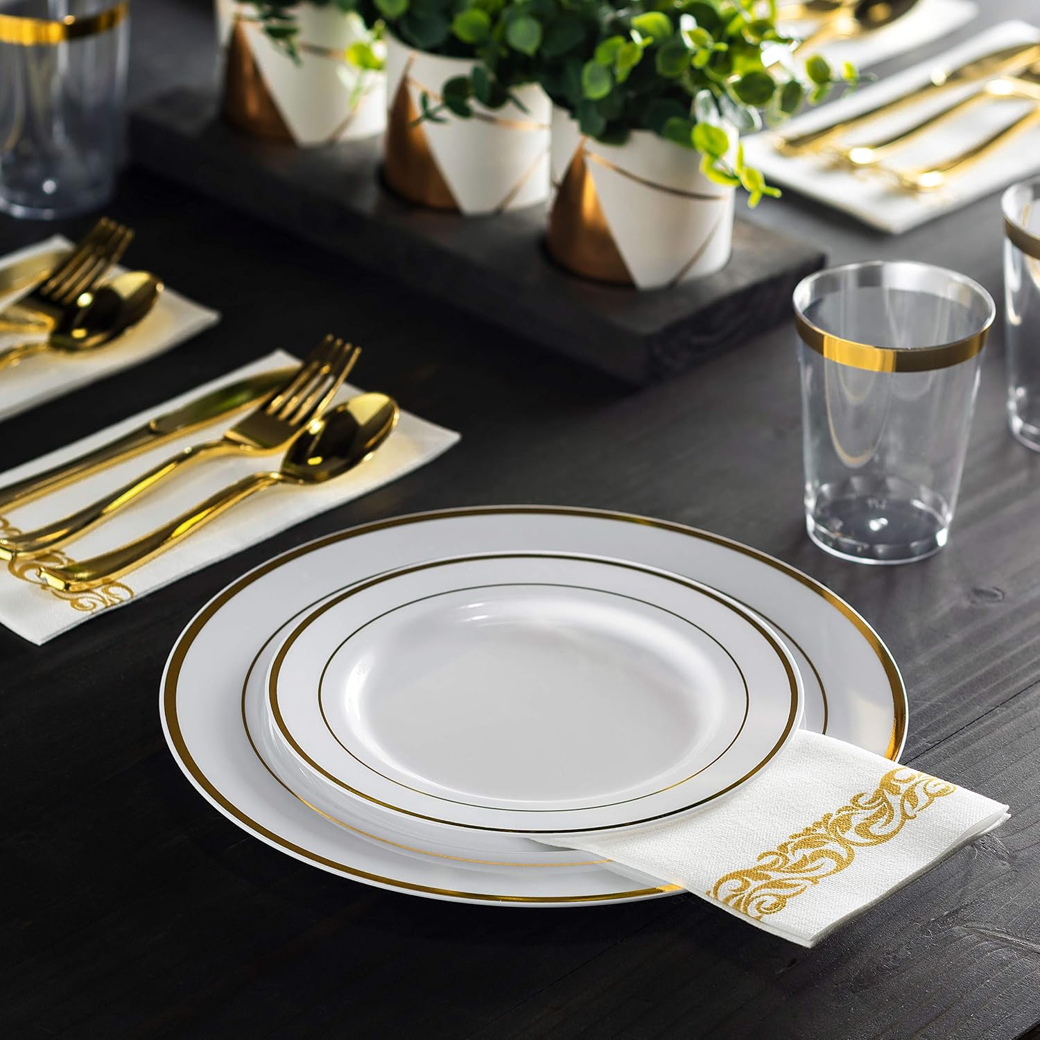 100 Piece Plastic Party Plates White Gold Rim, 50 Dinner and 50 Dessert Plates K48971