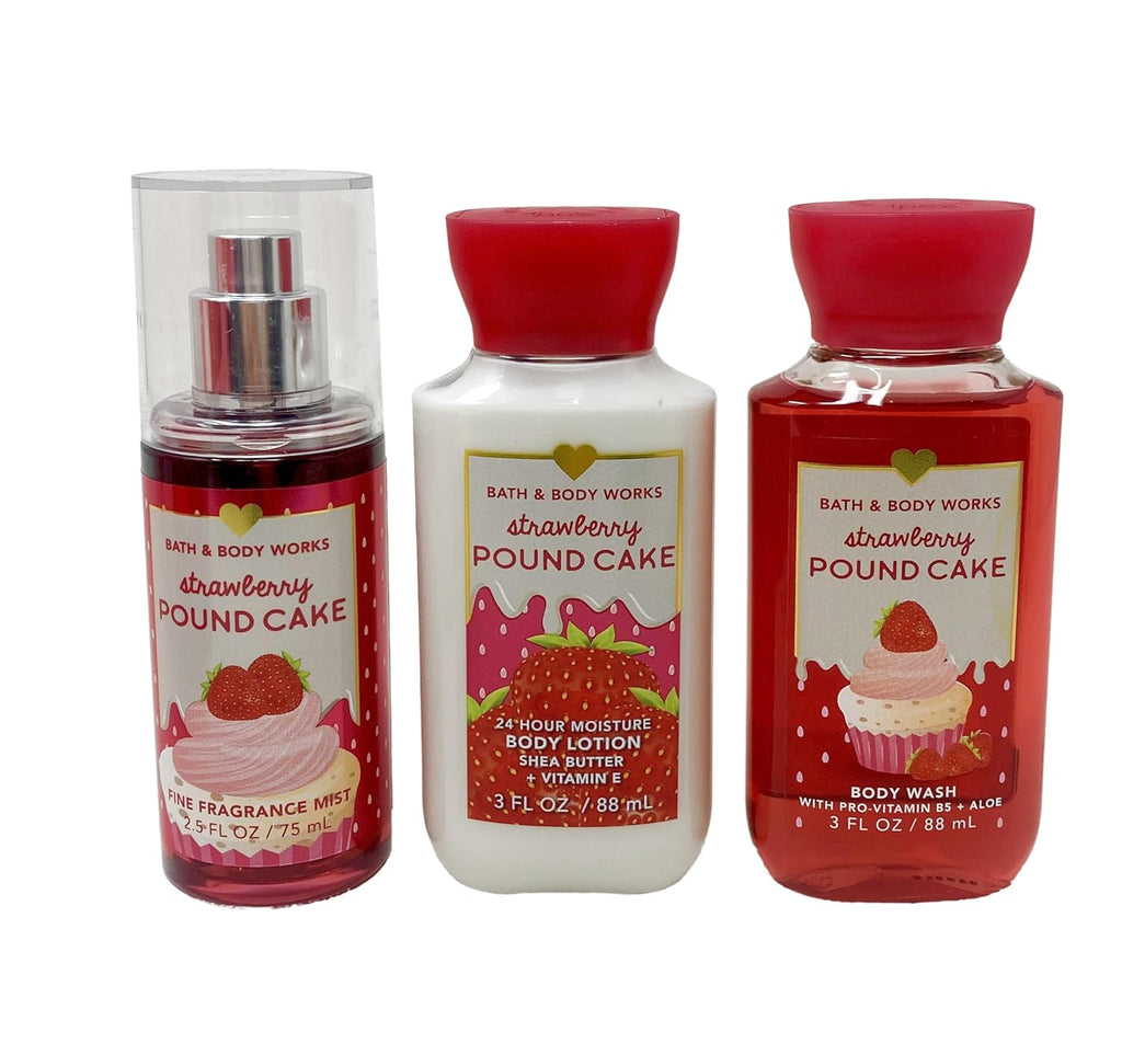 Bath and Body Work Strawberry Pound Cake - Mini Gift Set - Fragrance Mist, Body Lotion and Body Wash