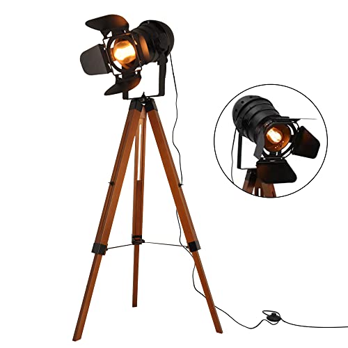 Industrial Tripod Floor Lamp for Living Room, Vintage Standing Reading Lamp with Metal Wood Leg A791