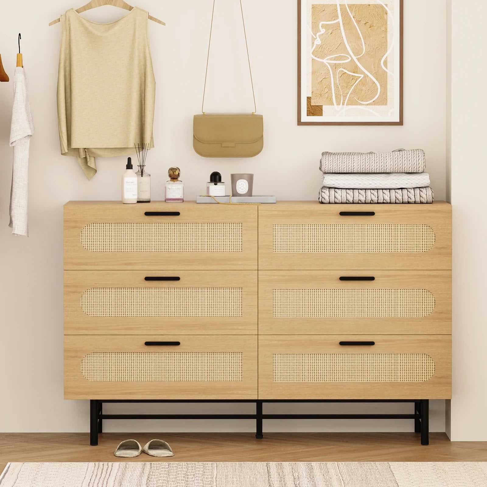6 Drawer Dresser for Bedroom, Natural Rattan Chest of Drawers O113328