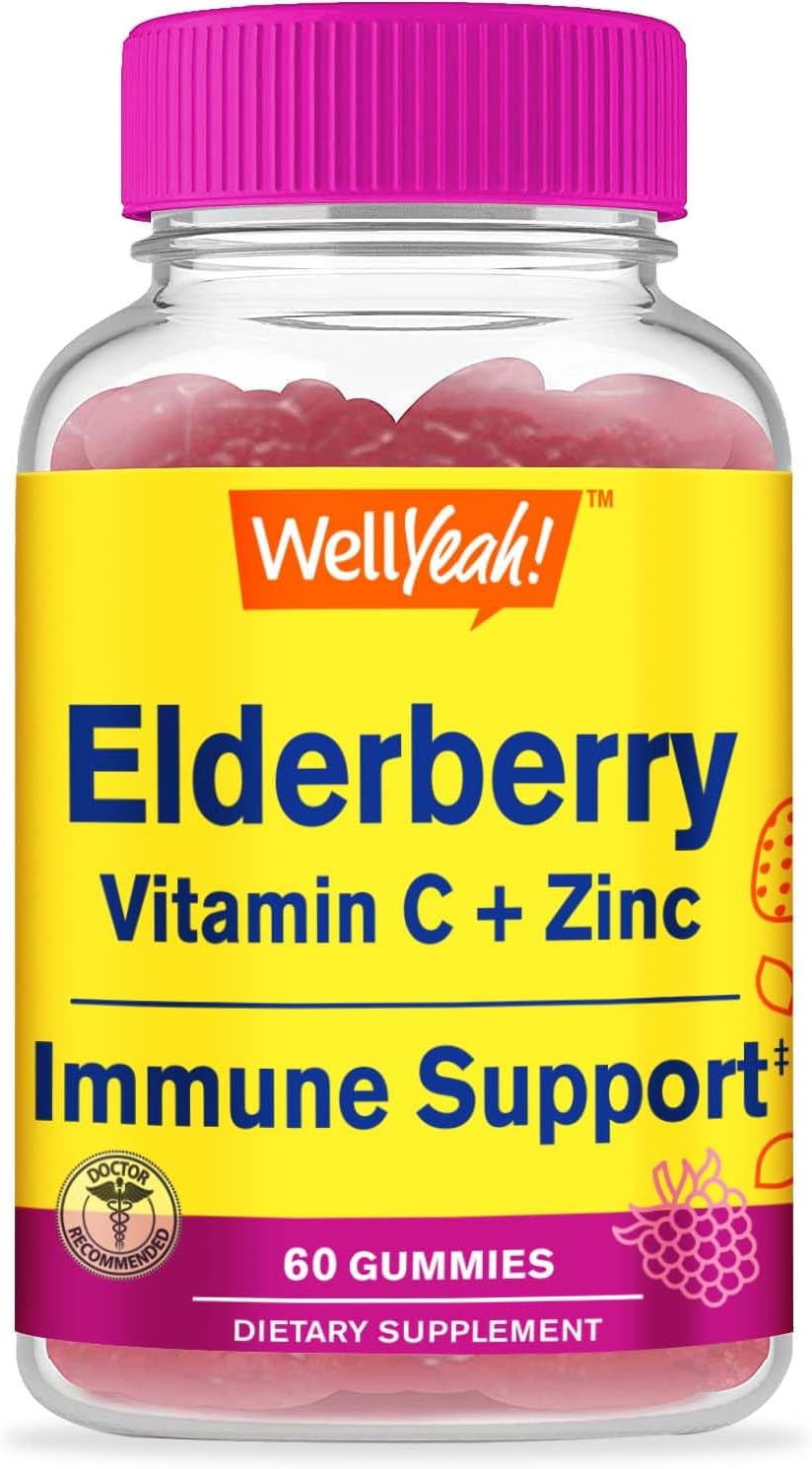 Elderberry Gummies with Vitamin C and Zinc - Antioxidant and Immune Support, Black elderberry Dietary Supplement for Men and Women - Non GMO, Vegan - Naturally Sourced Flavors - 60 Count