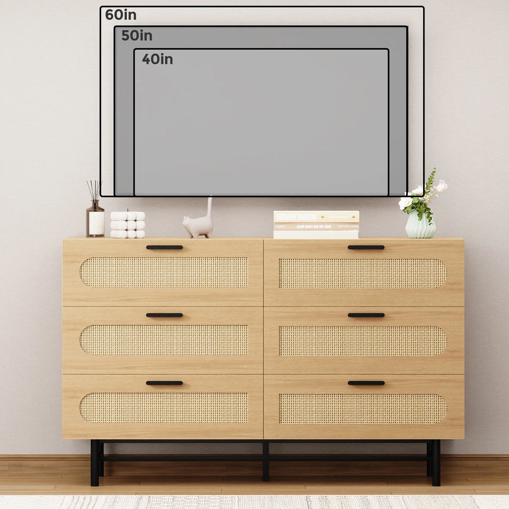 6 Drawer Dresser for Bedroom, Natural Rattan Chest of Drawers O113328
