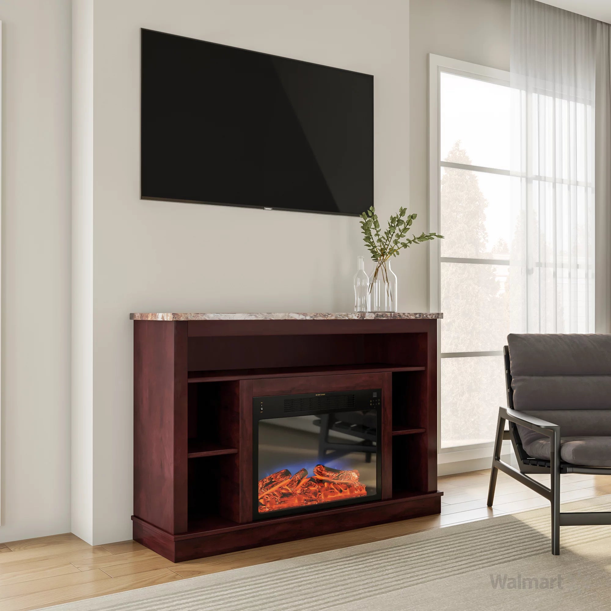 Freestanding Electric Fireplace with Log Insert and Remote, Mahogany Mantel W8113