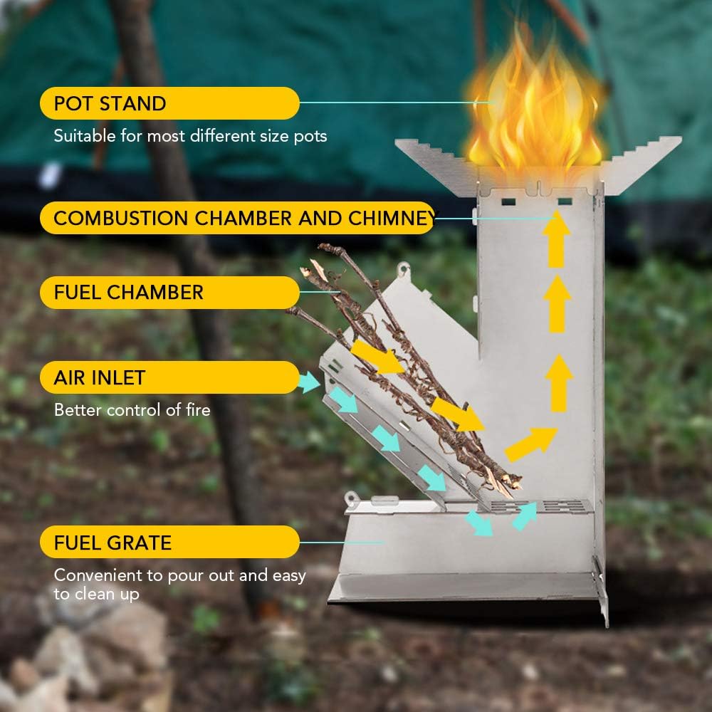 Camping Rocket Stove Outdoor Collapsible Wood Burning Portable Stainless Steel Z191549