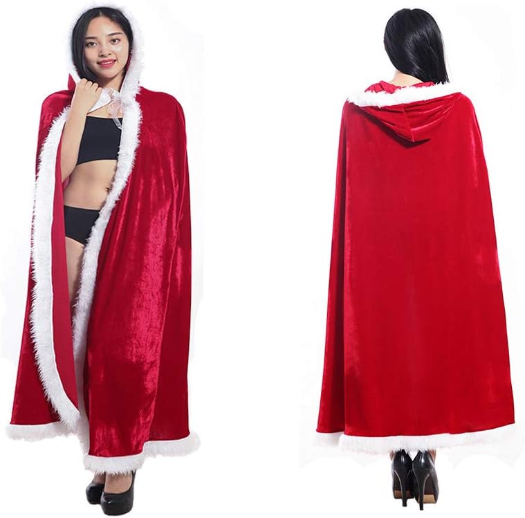 Christmas Cloak Red Velvet Mrs Santa Hooded Cape Xmas Santa Claus Robe Party Costume Cappa Cloak Cape for Adult Child (color adult) for 6+ Years