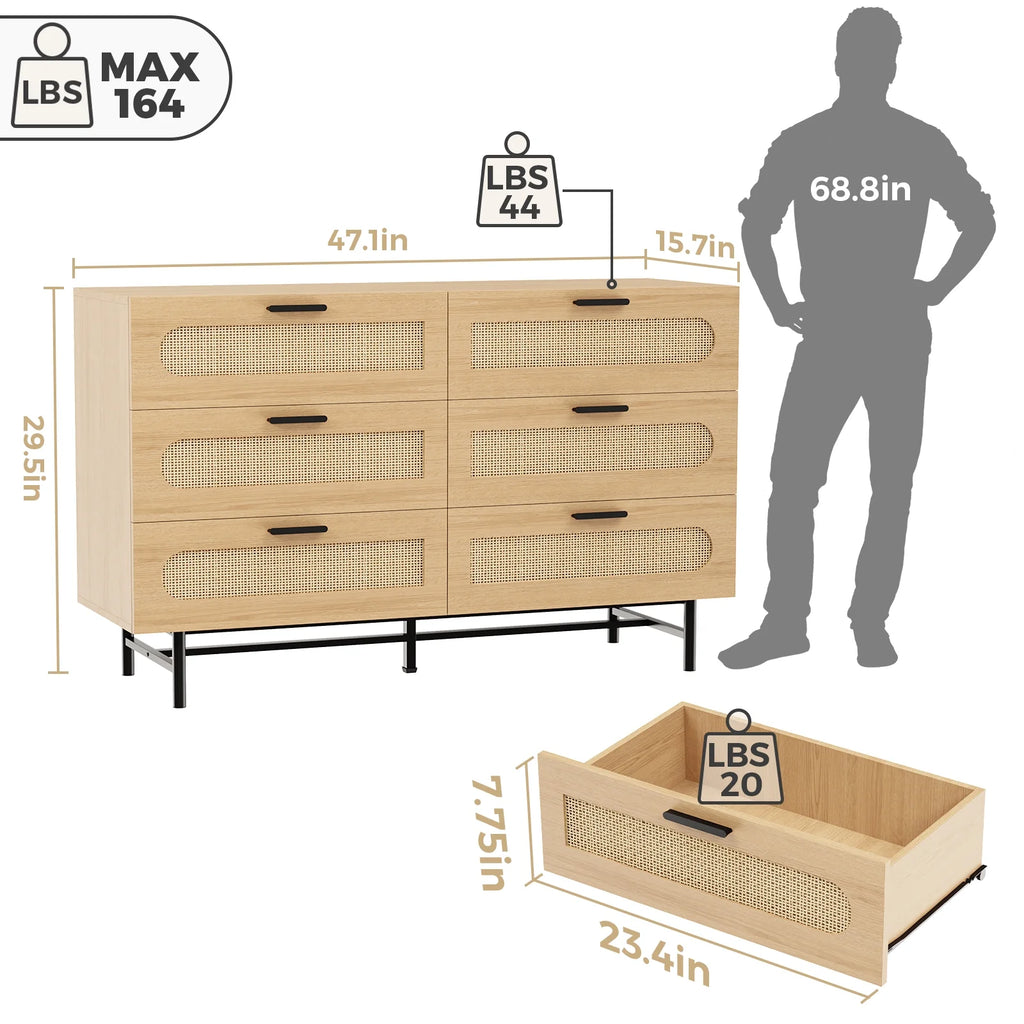 6 Drawer Dresser for Bedroom, Natural Rattan Chest of Drawers O113328