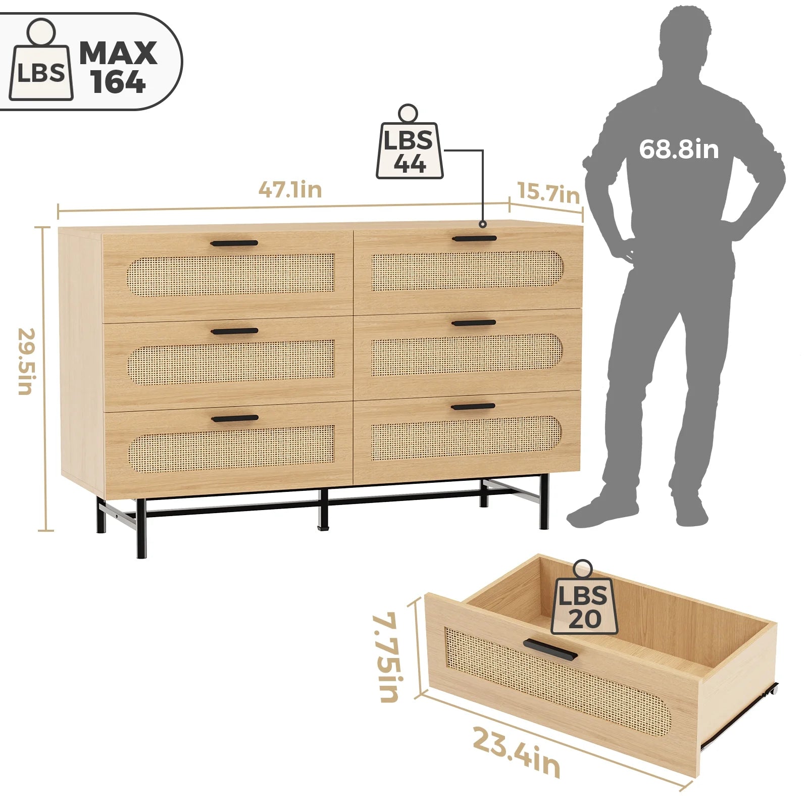 6 Drawer Dresser for Bedroom, Natural Rattan Chest of Drawers O113328