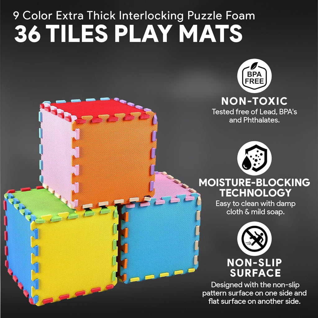 Non Slip Interlocking EVA Foam Floor Play Mat Set with Edges, 36 Sq Ft Y16518