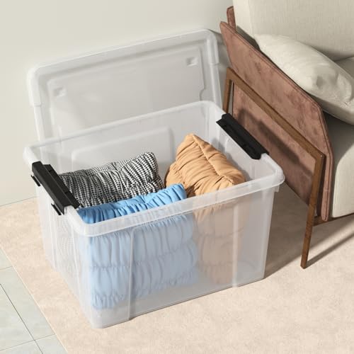 Clear Plastic Storage Bins with Wheels and Lids, 4-Pack I3938