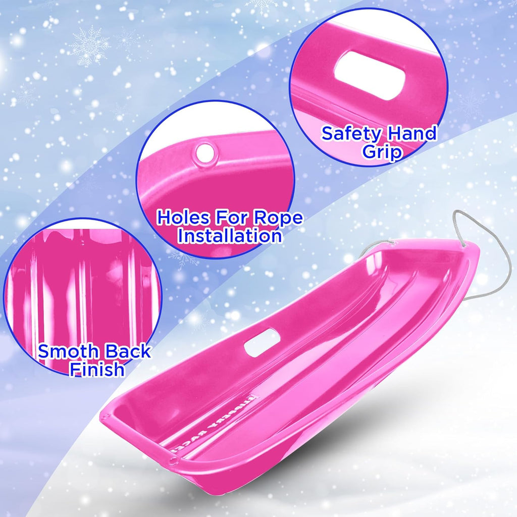 Plastic Toboggan Snow Sled for Kids with Pull Rope, Pink (3 Pack) I88453
