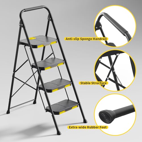 5 Step Ladder with Tool Platform, Folding Step Stool with Handrails, 800 LBS Portable Safety Ladder for Adults I66111
