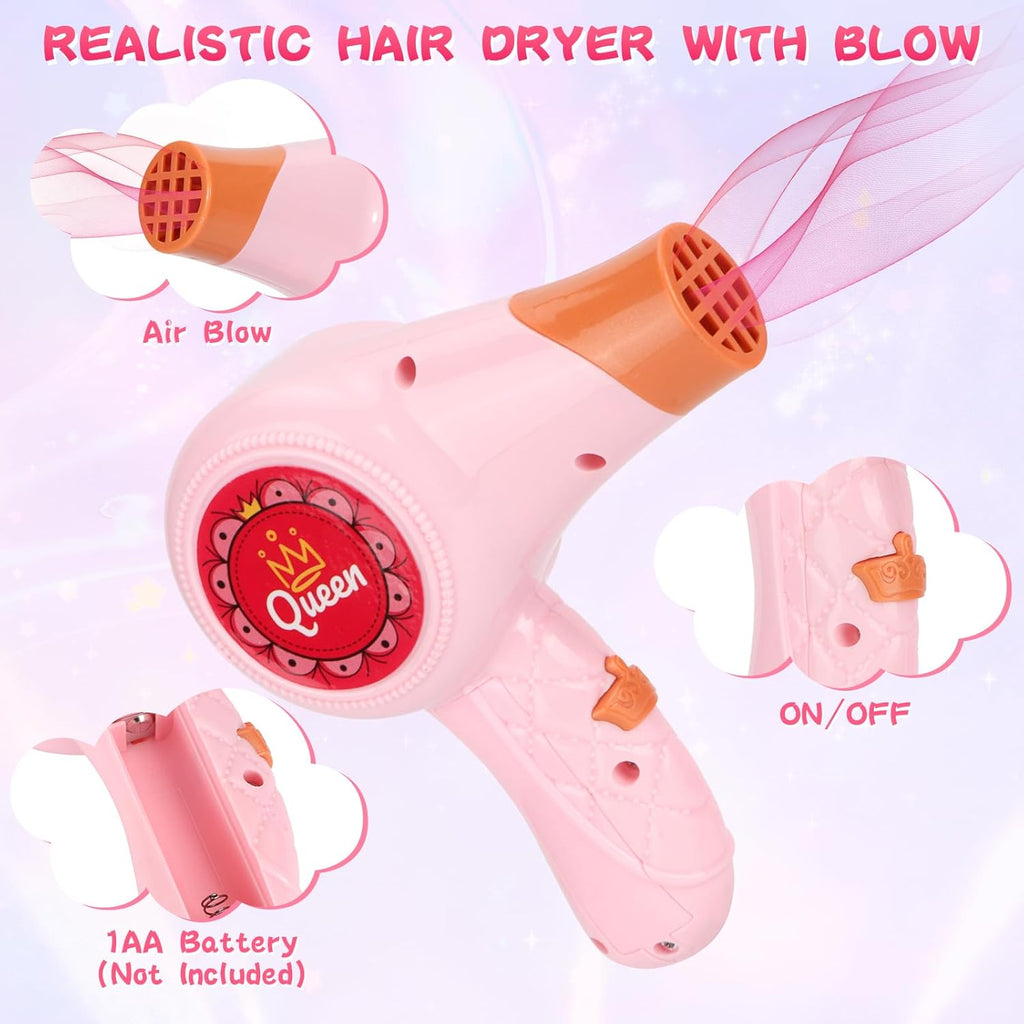 Doll Hair Stylist Toy Kit, 27 PCS Pretend Play Set with Blow Dryer and Accessories for Girls Ages 3-9 D2508