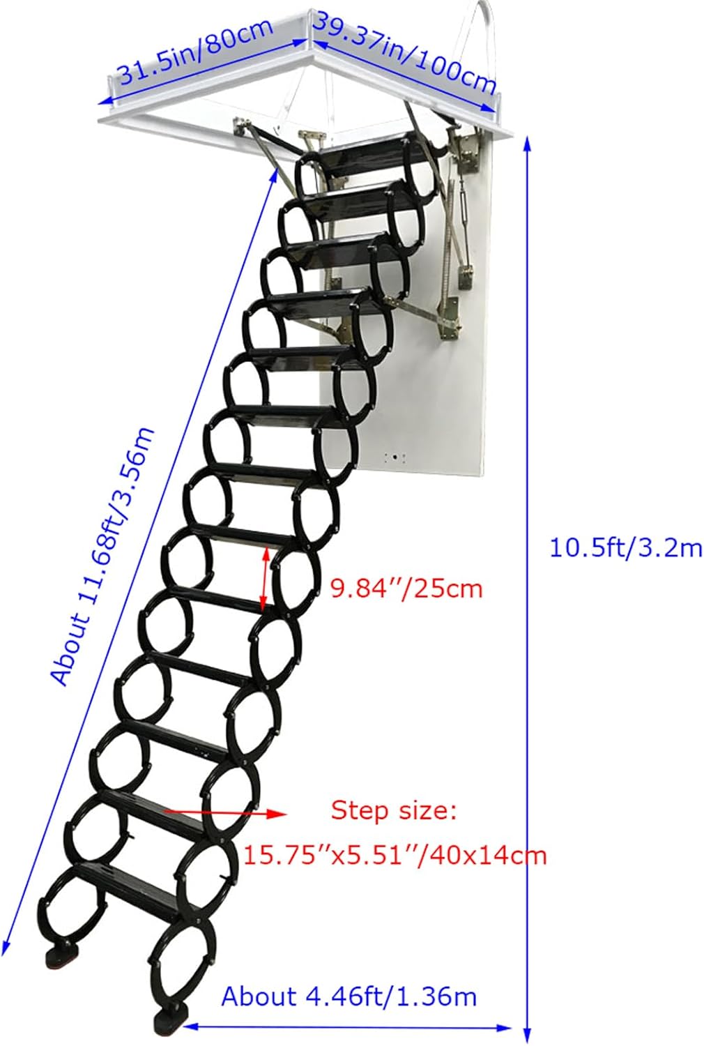 Attic Loft Ladder Stairs, 10.5 Ft Pull Down, 13 Steps Folding, Black Y342982