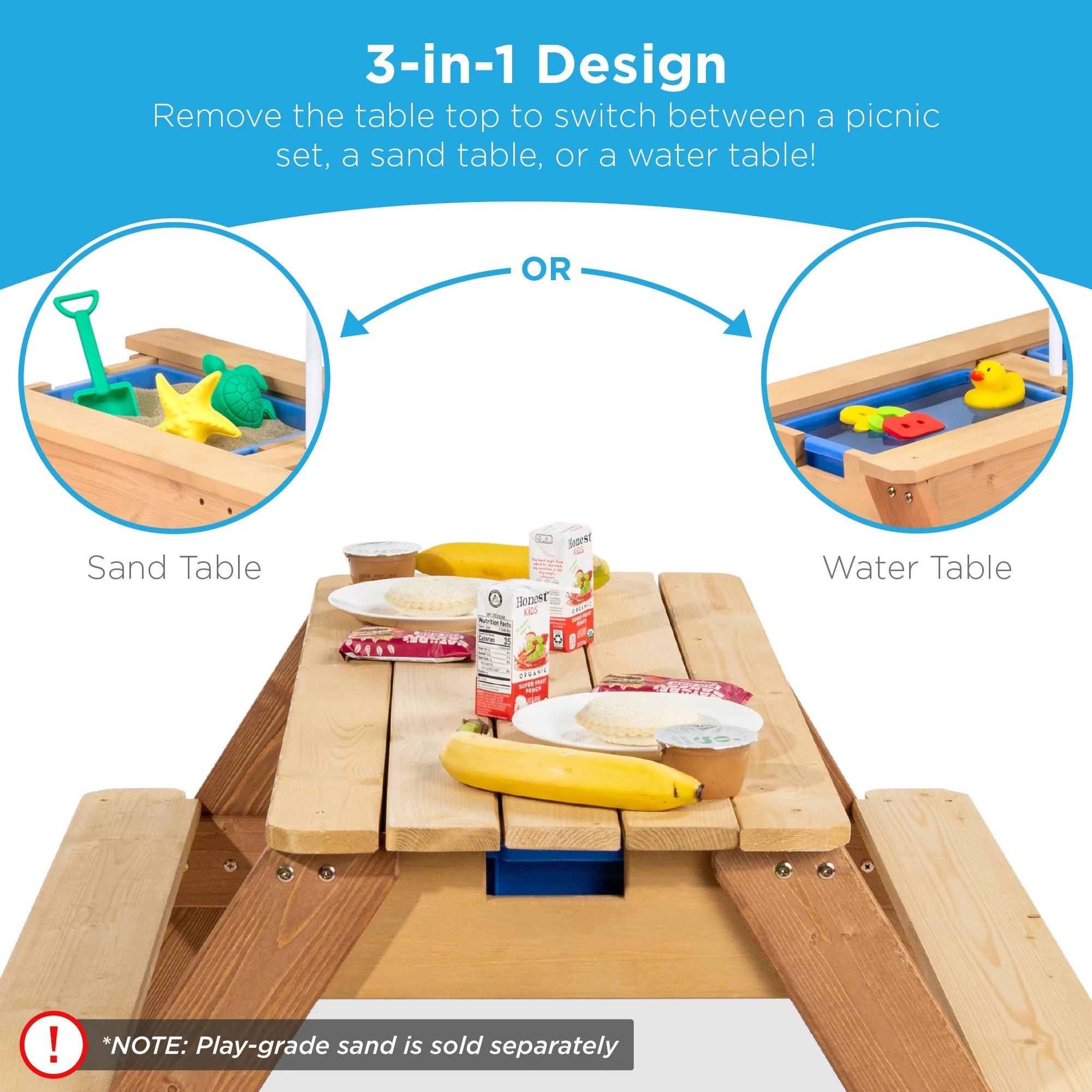 Kids 3-in-1 Outdoor Convertible Wood Activity Sand & Water Picnic Table with Umbrella F469
