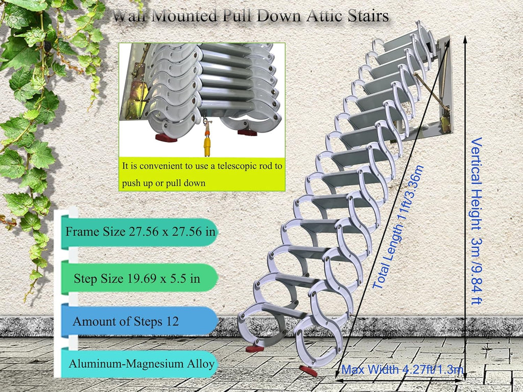 Attic Loft Ladder Folding Wall-mounted Stairs with Armrests K334